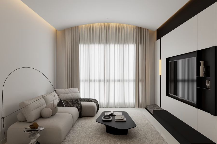 Living room with arched ceiling