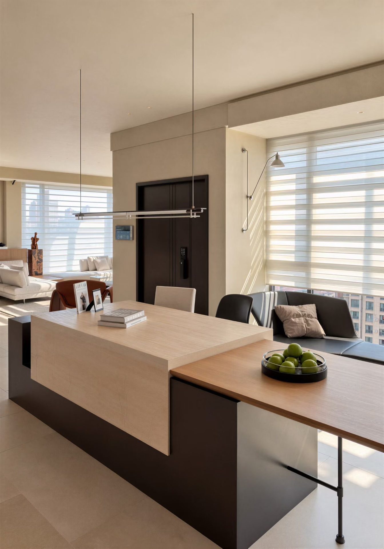 Island counter and dining bench by the window
