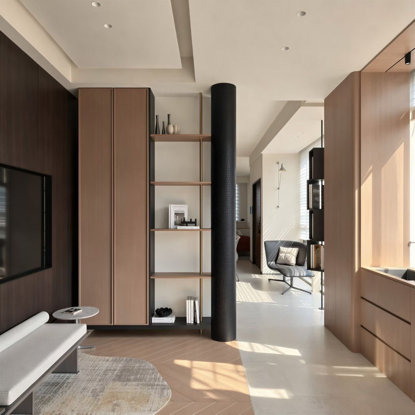 Corridor with display shelving and textured column
