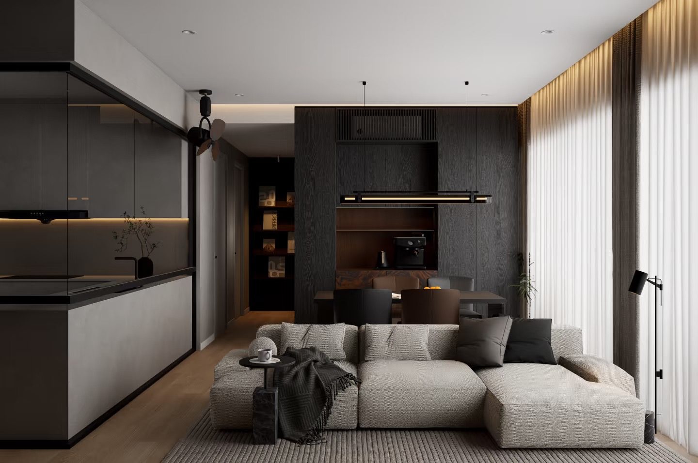 Living room with dark timber feature wall