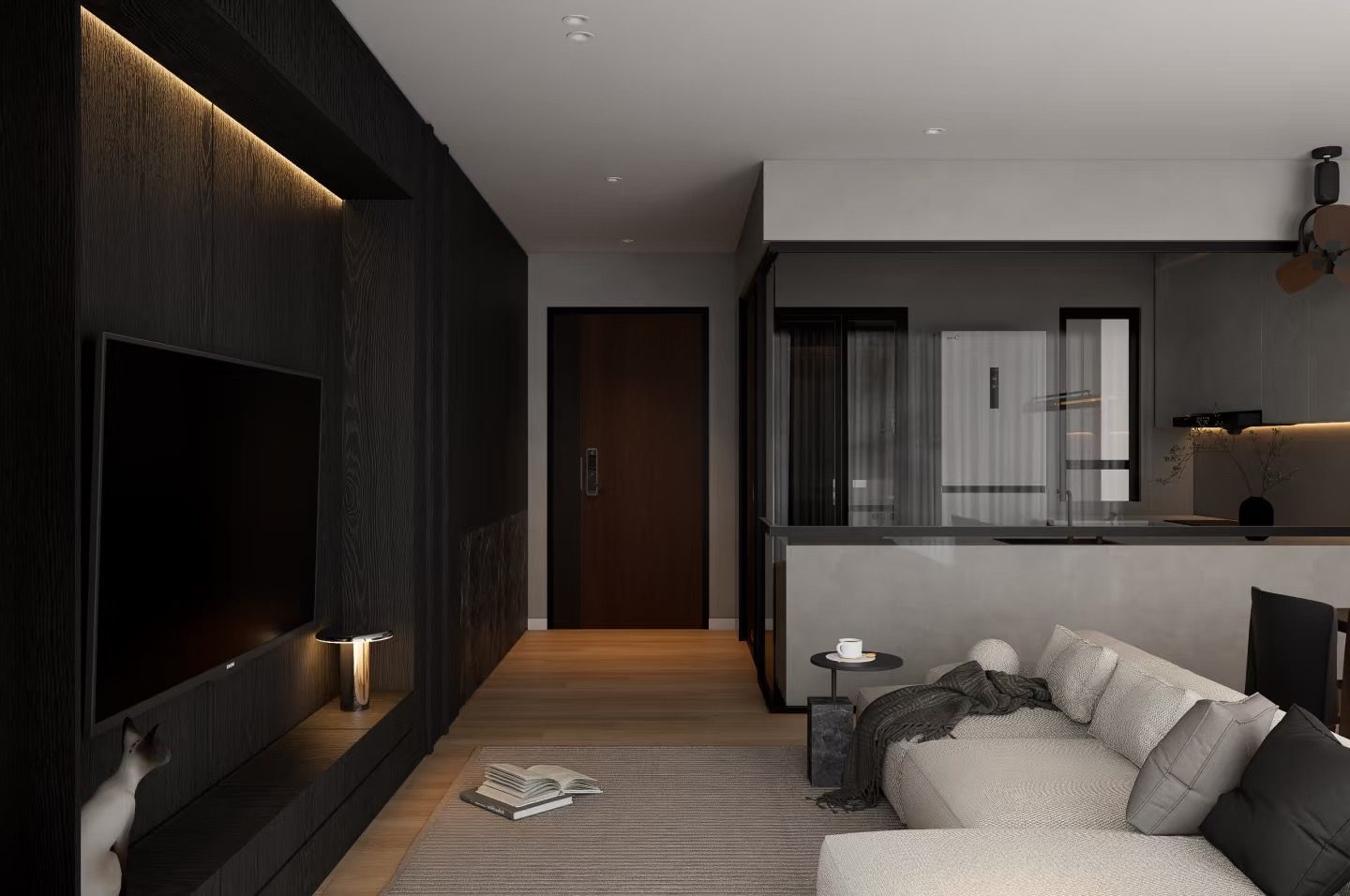 Living room towards the entrance and kitchen