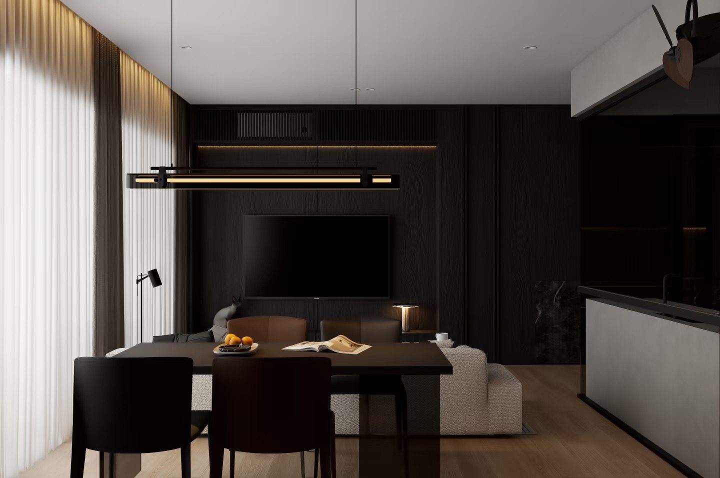 Dining area with linear pendant