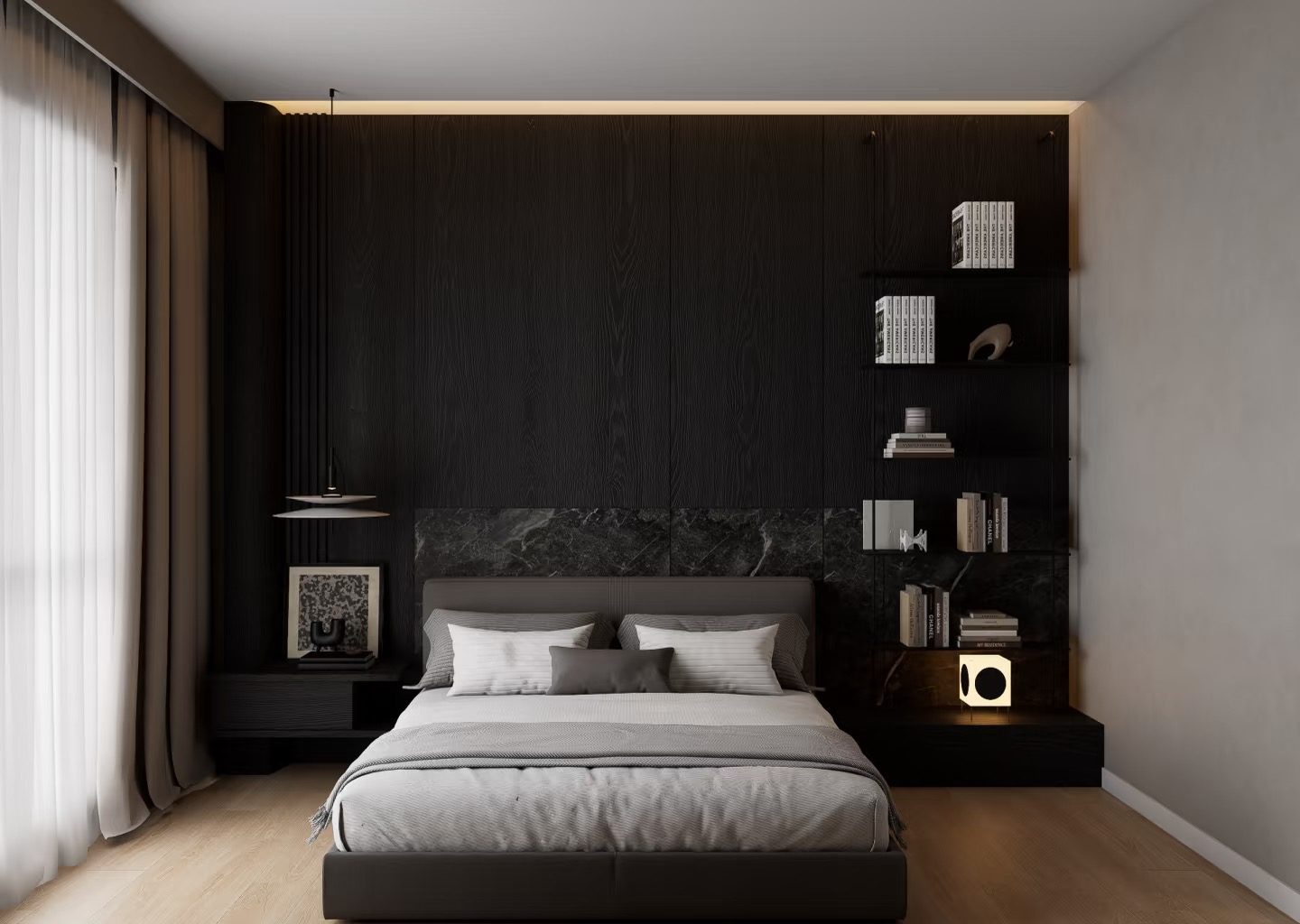 Master bedroom with marble headboard