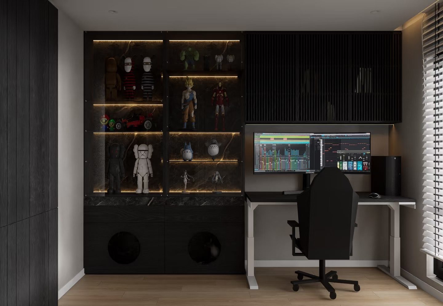 Study with lit display cabinet